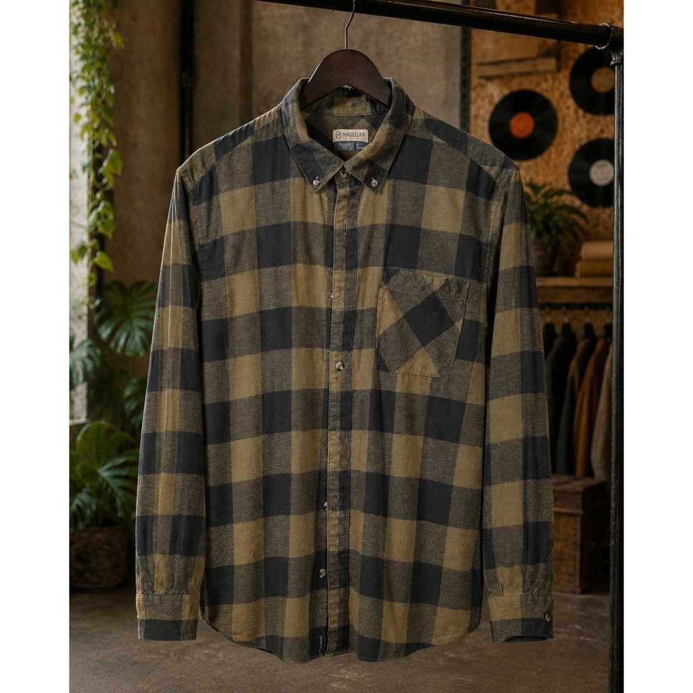 Magellan Outdoors Classic Fit Large Olive/Black Plaid Flannel Shirt